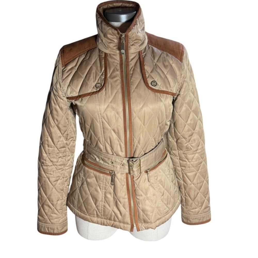 Vince Camuto Tan Quilted Belted Barn Jacket Brown Suede Trim Small F-208
